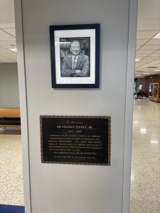 Plaque displayed in CLA building honoring CLA's first dean, Dr. Frank Finney, Jr.