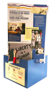 A pop-up display for Rightfully Hers, commemorating the 100th Anniversary of the ratification of the 19th amendment.