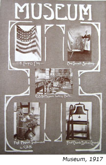 A poster from 1917 that features artifacts from the UCO Museum of History from that time period including an american flag, a spinning wheel, and a large bell.