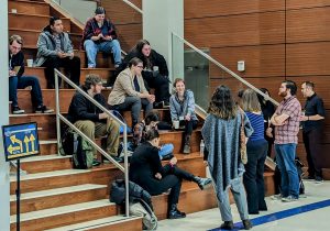 Attendees of UCO's 2023 Oklahoma Philosophy Day gather on the study steps of the UCO College of Liberal Arts building. 