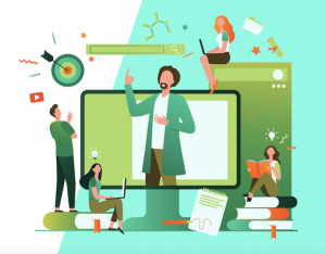 Decorative image with cartoon - style people engaging in academic activities