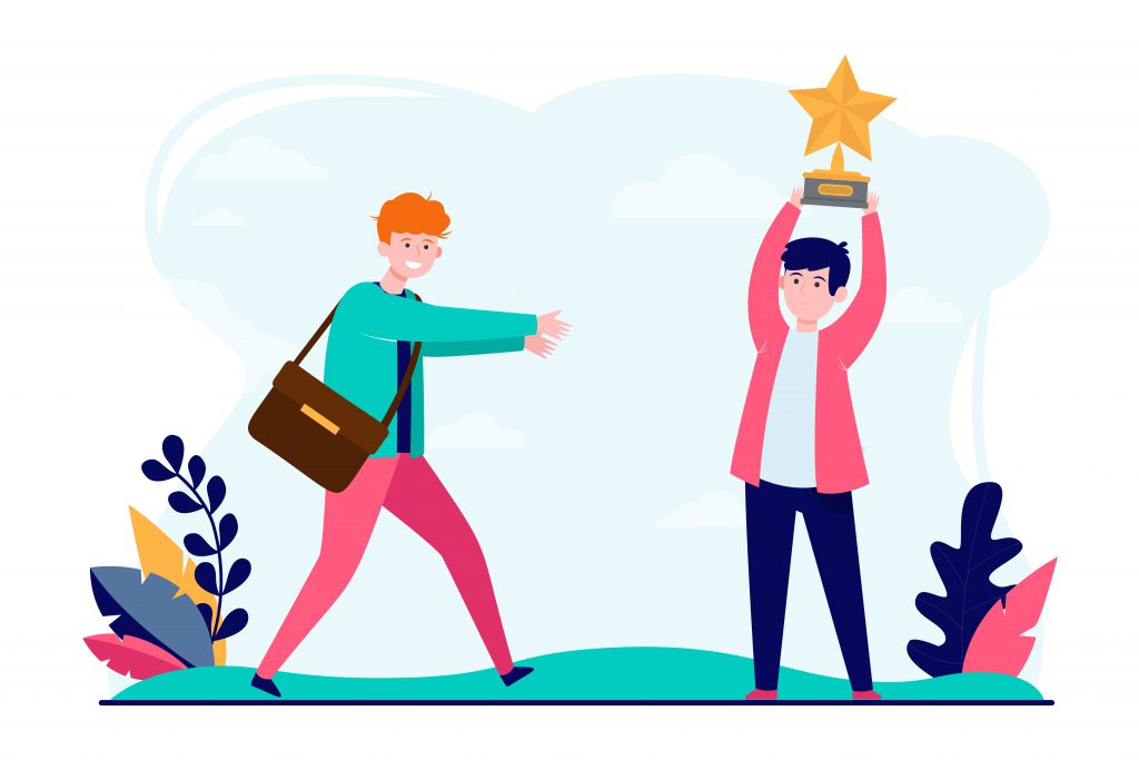 A graphic picture with 2 young students. One is holding a trophy above his head.